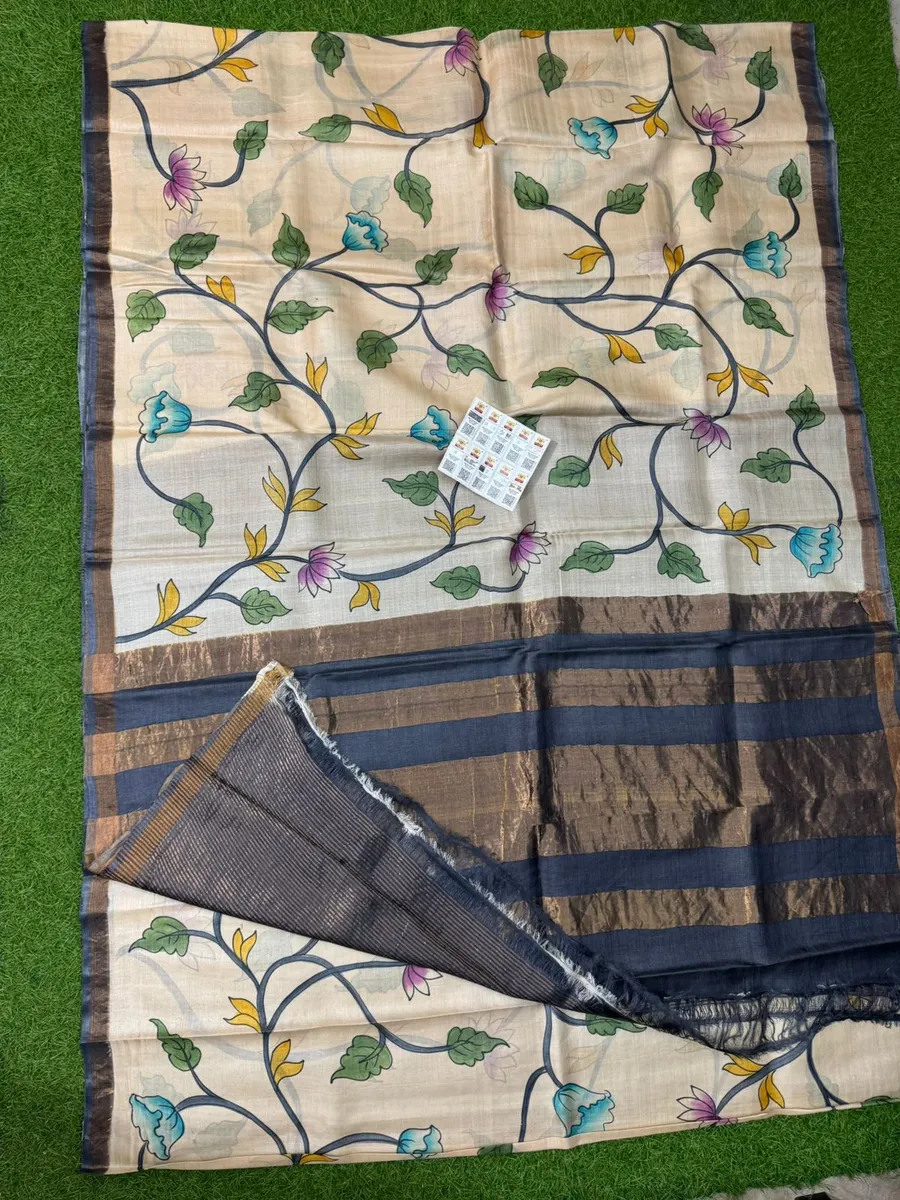 Pure Handloom Tussar Silk Hand Painted Pen Kalmakari Saree
